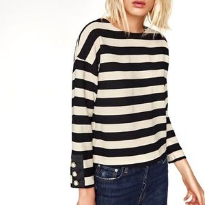 {Zara} Cream Black Striped Top with Pearl Accents